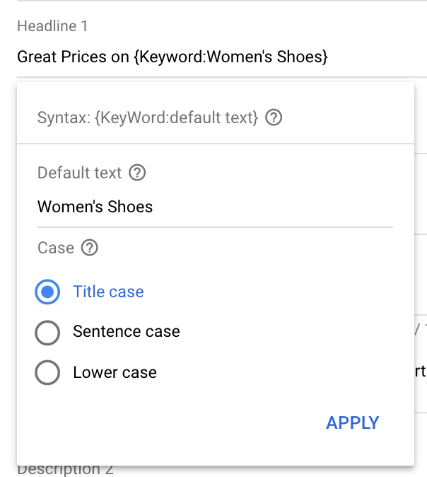 Inserting keywords in Google search ads campaigns